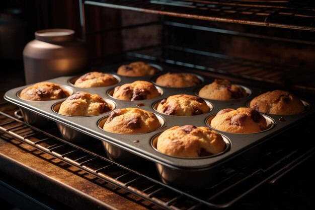 Freshly baked muffins in a muffin pan with various flavors