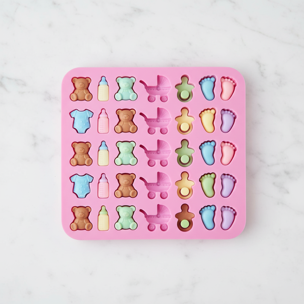 Baby mold filled with pastel chocolates
