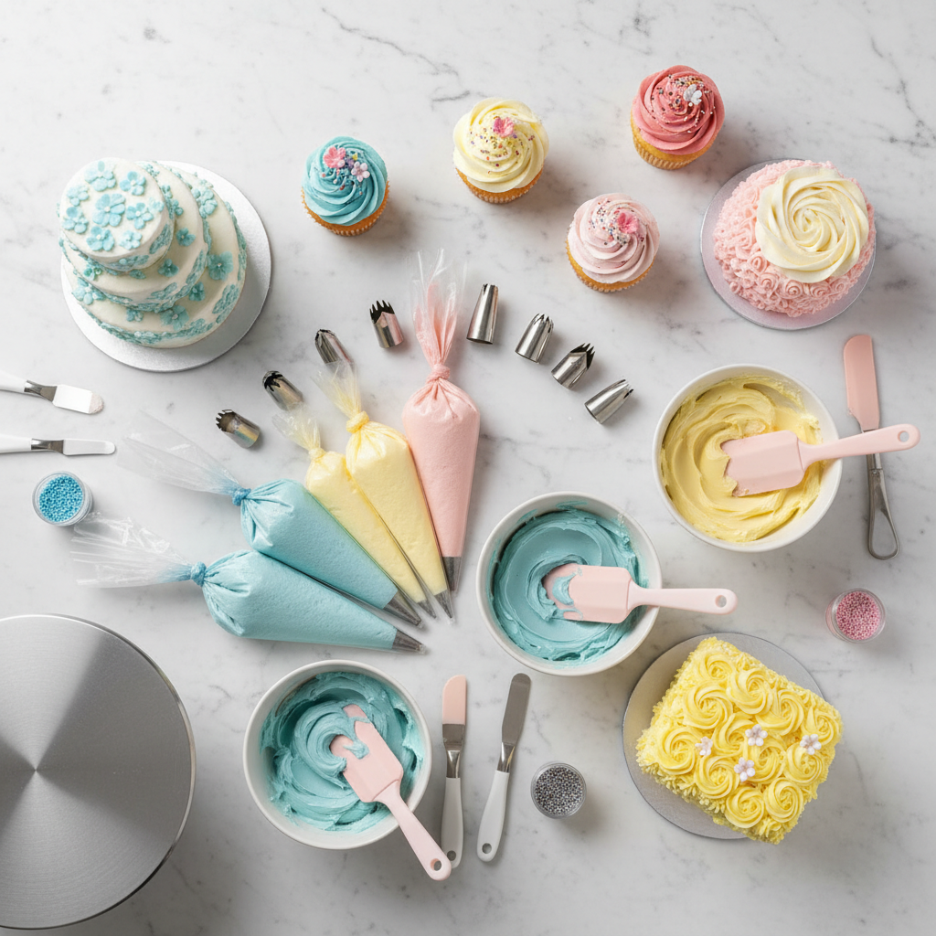 Complete decorating setup with piping bags