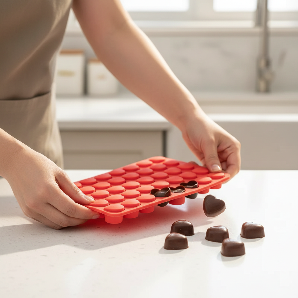 Hands flexing 63-cavity mold