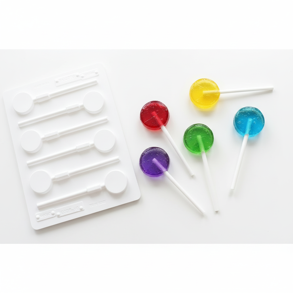 Mold with finished colorful lollipops