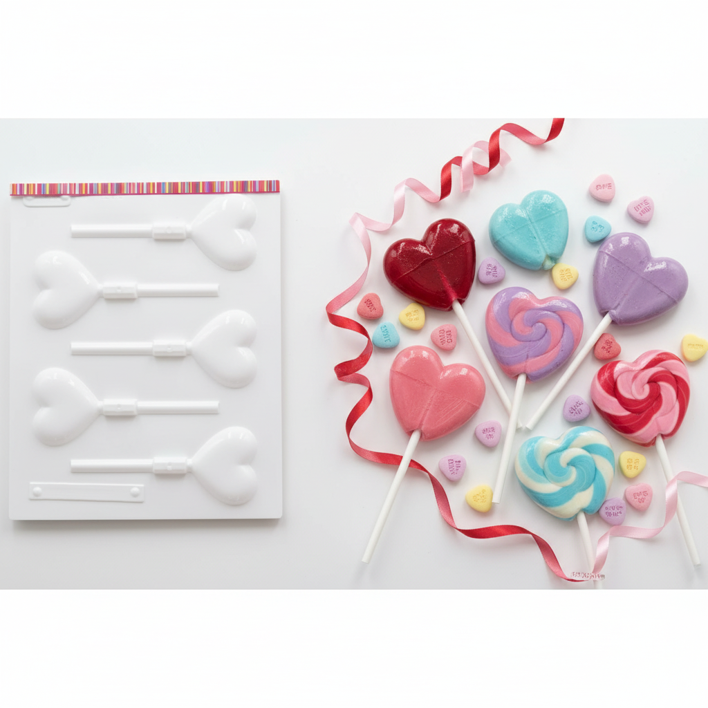 Mold with finished heart lollipops