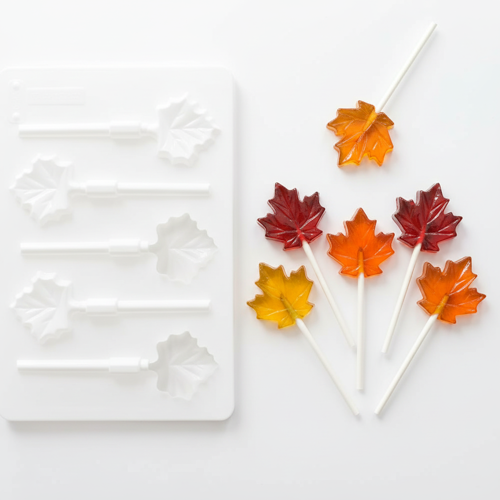 Mold with finished maple leaf lollipops