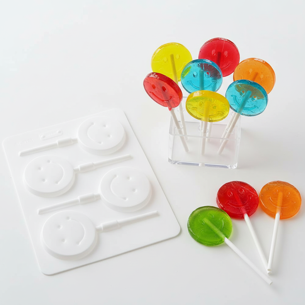 Mold with finished smiley face lollipops