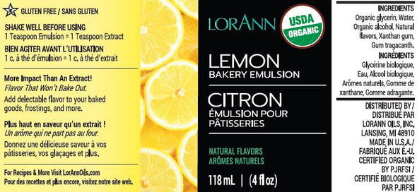 Lorann Super Strength FlavouringOrganic Lemon, Bakery Emulsion 4 oz.