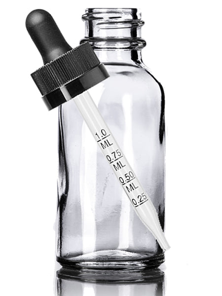 Dropper Bottles60 mL Clear Boston Round Glass Child Resistant w/ Measuring Dropper Bottle