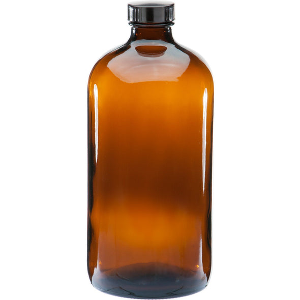 Dropper Bottles1L  Amber Boston Round Glass Bottle w/ Black Lined Cap